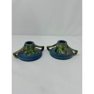 Roseville Pottery Bushberry Blue Double Handled Candle Holders 1147 Pair Vintage
